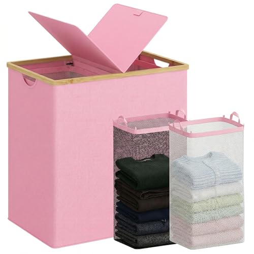 efluky Laundry Hamper with Lid, Double Laundry Hamper with 2 Removable Bags, 2 Section Laundry Basket with Bamboo Handles for Bathroom, Bedroom & Laundry Room (Pink, 140L Dual) - color: Pink, size: 140L Dual