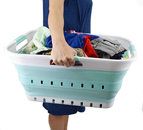 SAMMART 42L (11 gallon) Collapsible Plastic Laundry Basket - Foldable Pop Up Storage Container/Organizer - Space Saving Hamper/Basket (1, White/Lake Green) - color: White/Lake Green