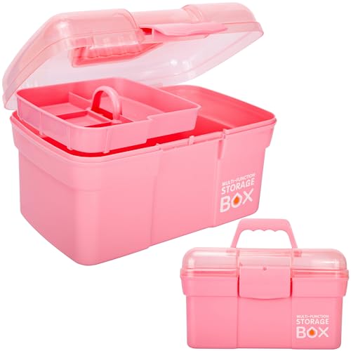 TERGOO 11in Mutipurpose Storage Box Organizer with Removable Tray, Portable Small Craft Organizer with Handle, Plastic Clear Tool Box Art Case for Makeup, Sewing, Nail, Hair Accessories (Pink) - color: Pink