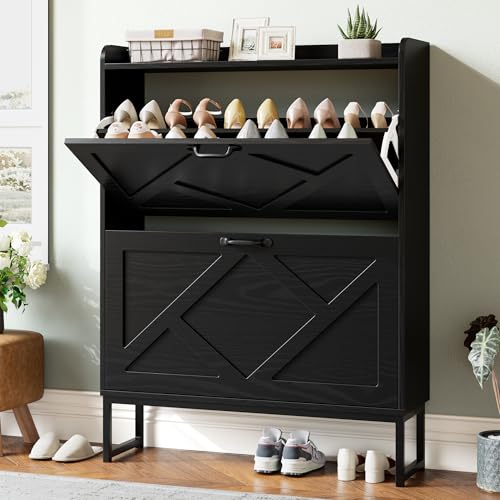 Nicetree Shoe Storage Cabinet with 2 Flip Drawers, Freestanding Shoe Organizer, Shoe Cabinet with Metal Legs, Narrow Shoe Rack Cabinet, Farmhouse Slim Shoe Cabinet for Entryway, Foyer, Hallway, Black - color: Black, style: 2-Drawers