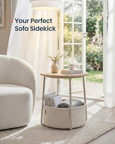SONGMICS HOME Small Side Tables, Round End Tables, 2 Tier Nightstands with Basket, U Shaped Steel Legs, Easy Assembly, for Living Room, Bedroom, Set of 2, Beige and White - color: Beige + White, size: 2 pack