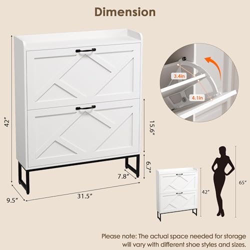 Nicetree Shoe Cabinet with 2 Flip Drawers, Freestanding Shoe Organizer, Shoe Cabinet with Metal Legs, Narrow Shoe Rack Cabinet for Entryway, Foyer, Hallway, White - color: Alabaster, style: 2-Drawers