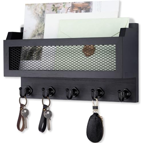 Nekon Mail and Key Holder for Wall Decorative, 11 Inch Wooden Wall Key Organizer with 5 Key Hooks, Wall Mount Storage Shelf for Entryway Hallway (Black) - color: Black