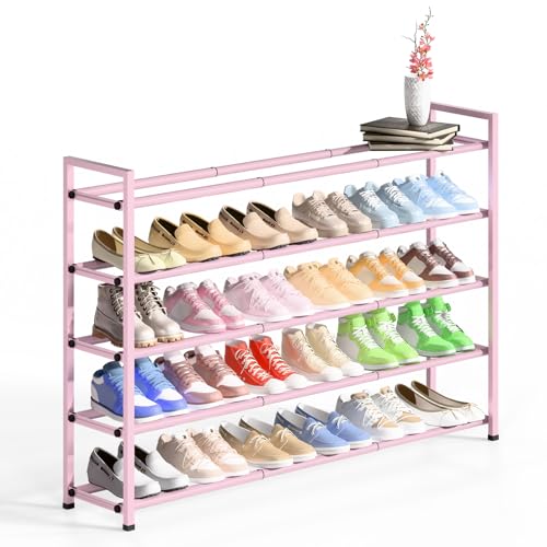 Bumusty 5-Tier Long Expandable Shoe Rack for Closet, 18"-44" Adjustable Shoe Rack for Entryway, 25-30 Pairs Large Shoe Organizer Shelf Storage, Sturdy Metal, Pink - color: Pink, size: 5-Tier