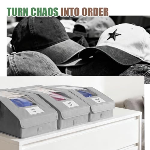 Hat Organizer for Baseball Caps, 4 Pack Stackable Hat Storage Boxes with Clear Window, Holds up to 56 Caps, Foldable Hat Organizer for Closet & Shelf, Grey