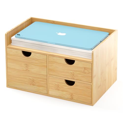 Wisuce Bamboo Desk Drawer Organizer, 3 Drawer Desktop Organizer with Drawers Tabletop Storage Organization Box for Office Home Toiletries Supplies Vanity, No Assembly Required - color: 3 Drawers with shelf-L1R2, size: Small