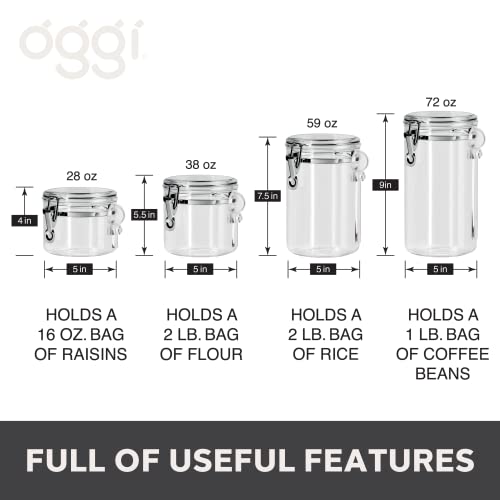 Oggi 4pc Clear Canister Set with Clamp Lids & Spoons - Airtight Food Storage Containers, Ideal for Kitchen & Pantry Storage of Bulk, Dry Food Including Flour, Sugar, Coffee, Rice, Tea, Spices & Herbs - size: 4-Piece Set