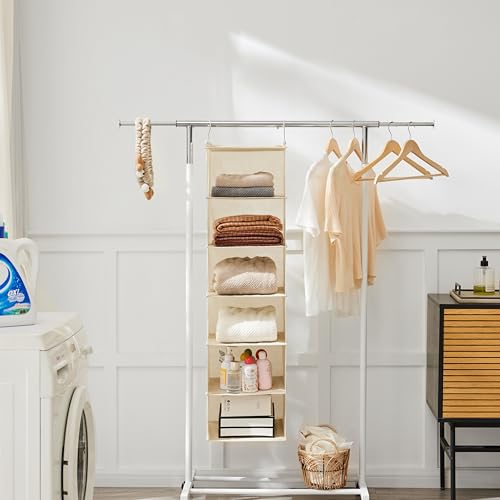 MAX Houser 6 Tier Shelf Hanging Closet Organizer, Cloth Hanging Shelf with 2 Sturdy Hooks for Storage, Foldable (Beige) - color: Beige