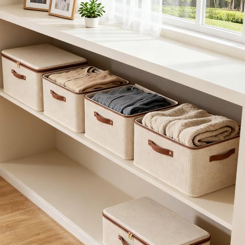 Tuza 3 Pcs Rigid Storage Bins with Zipper Lid, Cotton Linen Fabric Storage Boxes, Foldable Shelves Clothes Storage Cubes with Handles for Wardrobe, Closet(Beige, 15L) - size: M-15L