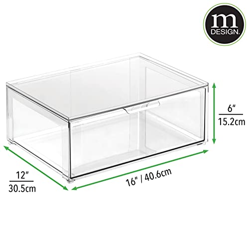 mDesign Plastic Stackable Bathroom Storage Organizer Bin Containers with Front Pull Drawer for Bathroom Countertop, Vanity, Closet Shelves - Holder for Beauty Accessories - Lumiere Collection - Clear - size: 16 x 12 x 6 (Pack of 1)