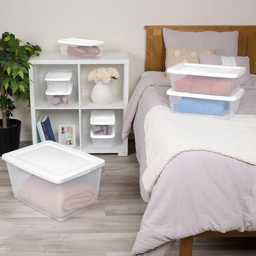 Sterilite 24 Pack Storage Box, 58 Quart Stackable Tote, Clear Plastic Container with Secure Snapping Lids for Home and Office Organization, White - size: 58 Quart, style: 24