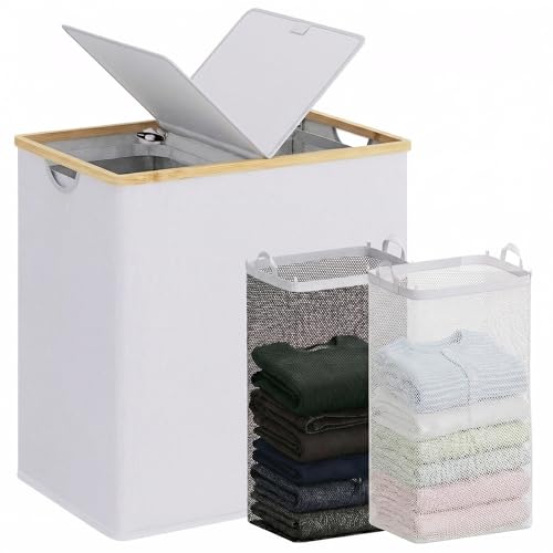 efluky Laundry Hamper with Lid, Double Laundry Hamper with 2 Removable Bags, 2 Section Laundry Basket with Bamboo Handles for Bathroom, Bedroom & Laundry Room, 140L (36.9 Gallon) Light Grey - color: Light Grey, size: 140L Dual