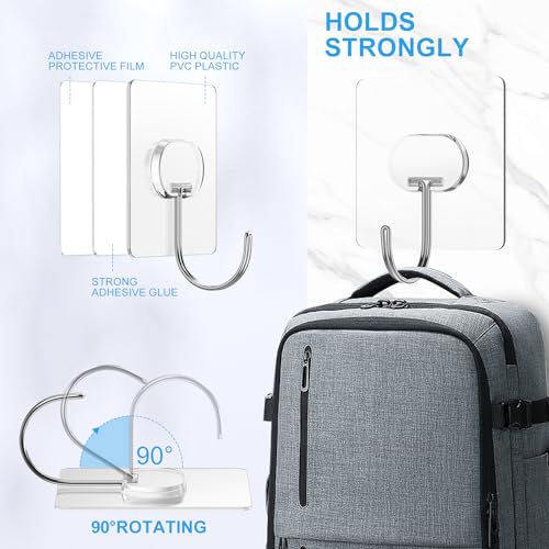 JINSHUNFA Adhesive Wall Hooks 13LB Heavy Duty No Drill Large Transparent Waterproof Hooks for Bathroom Kitchen Towel Coat 8 Pack - size: 8 Large hooks