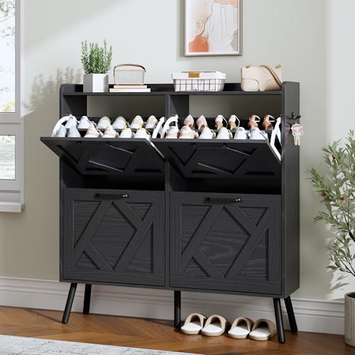 Nicetree Shoe Cabinet with 4 Flip Drawers, Hidden Shoe Rack Cabinet with Metal Legs, Farmhouse Narrow Shoe Storage Cabinet for Entryway, Foyer, Hallway, Black with Hook - color: Black, style: 4-Drawers
