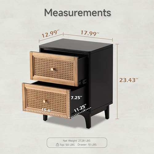 COZAYH Set of 2 Fully-Assembled 2-Drawer Woven Cane Front Accent Nightstand with Brass Knobs, Black - color: Black, style: 2 Drawer/2 pack