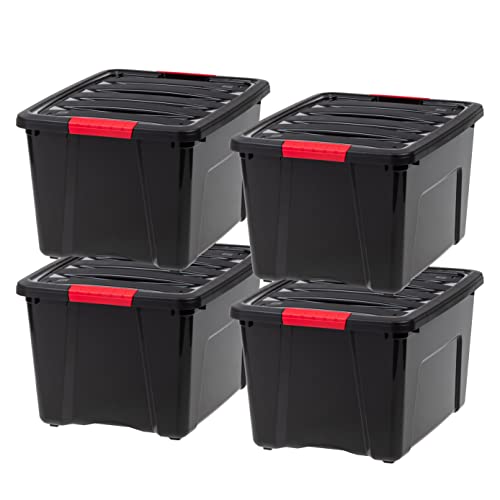 IRIS USA 40 Qt Stackable Plastic Storage Bins with Lids, 4 Pack - BPA-Free, Made in USA - Garage Organizing Solution, Latches, Durable Nestable Containers, Secure Pull Handle - Black - size: 40 Qt, style: 4 Pack