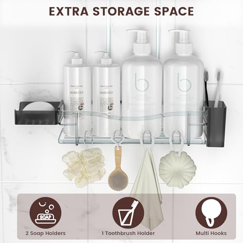 REINHARDT Shower Caddy Hanging, Rustproof Shower Caddy Anti-Swing Shower Organizer Over Showerhead No Drilling Shower Racks with Soap Holder Multi Hooks Bathroom Storage for Shampoo Sponge, Silver - color: Silver