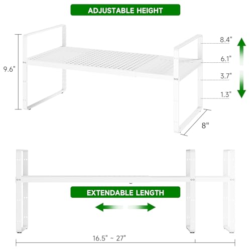 Expandable Kitchen Cabinet Shelf Organizer Rack Heavy Duty Metal Spice Rack Stackable Kitchen Counter Storage Shelf for Cabinet Pantry Bathroom (White- 16.5"-27" L x 8" W x 9.6" H - 2Pack) - color: White- 16.5"-27" L X 8" W X 9.6" H - 2pack