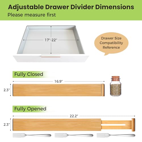 Fyvva Drawer Divider, Adjustable Bamboo Kitchen Drawer Organizer, Spring Loaded Drawer Organizer, Dresser Separators for Kitchen, Bathroom, Clothes, Office Desk Storage (Natural, 4 Pack Large) - size: 4 Pack Large