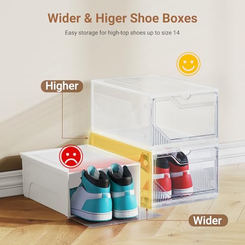 XX-Large Shoe Sneaker Storage Boxes for Size 14, Stackable & Thicken Clear Plastic Shoe Organizers 16 Packs for Entryway Closet Under Bed, Shoe Storage Cabinets Container Display Case w/ Magnetic Door - size: 16 packs