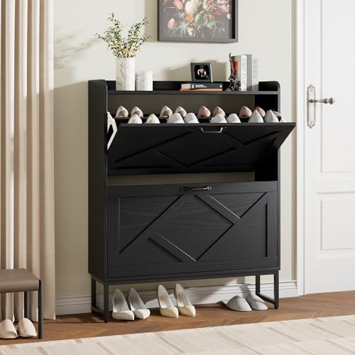 Nicetree Shoe Storage Cabinet with 2 Flip Drawers, Freestanding Shoe Organizer, Shoe Cabinet with Metal Legs, Farmhouse Slim Shoe Cabinet for Entryway, Foyer, Hallway, Black - color: Ebony, style: 2-Drawers