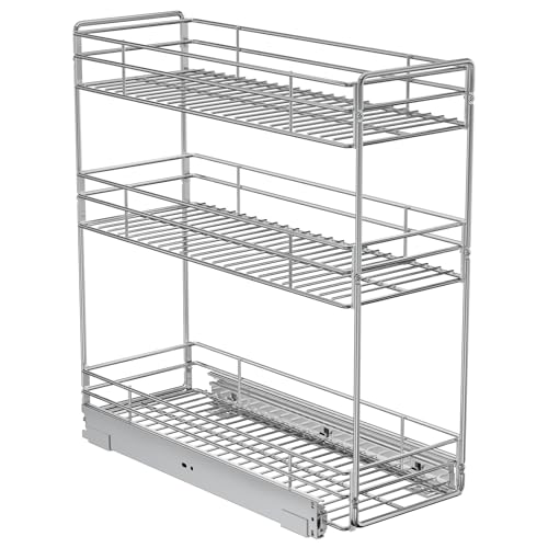 ROOMTEC Pull Out Spice Rack for Narrow Cabinet (8½" W X 20½" D),3 Tier Slide Out Cabinet Organizer and Pull Out Shelves Under Cabinet Storage for Kitchen, Chrome - size: 8½" W X 20½" D,3 Tier