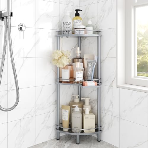 ELYKEN Corner Shower Caddy Standing, 3 Tier Rustproof Metal Shower Organizer with Soap Holder, Floor Shower Corner Shelf Rack Storage Stands with Adjustable Feet & 2 Hooks for Bathroom, Silver - color: Silver, size: 3 Tier