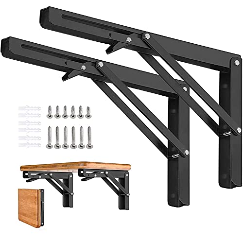 Folding Shelf Brackets - 16 Inch 2 Pcs Heavy Duty Stainless Steel Collapsible Triangle Shelf Bracket, DIY Wall Mounted Folding Table Hinge, Space Saving for Bench Table with Screws - size: 16 Inch- 2 Packs
