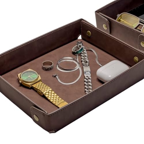 LLmoway PU Leather Valet Tray Nightstand Desk Organizer for Men Women Home Office Phone Watch Jewelry Glasses Keys Coins Storage - color: Grey