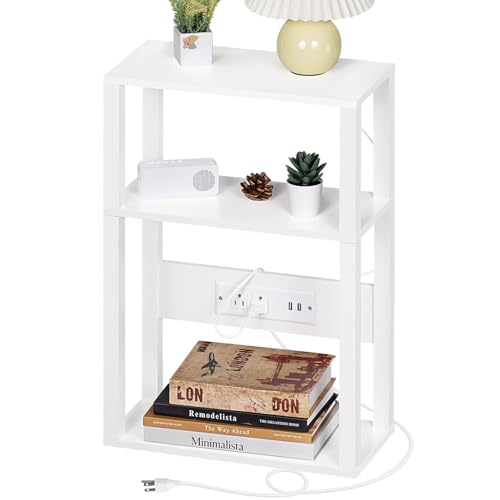 YUFAM 3-Tier Small Narrow Wood Side Table with Charging Station, Skinny Nightstand for Small Space, Slim Bedside Table with Storage for Couch, Thin End Table with USB Ports and Outlets, White - color: White, size: 1 Pack