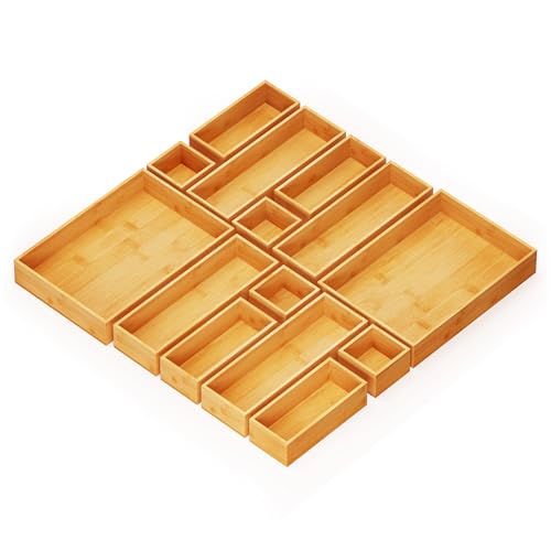 SpaceAid 14-Piece Bamboo Drawer Organizer Storage Boxes Set, Wood Tray Junk Drawer Organizers Multi-Use Divider Bins for Kitchen, Bathroom, Office Desk and Makeup Organization (14 Pack, Natural) - color: Natural