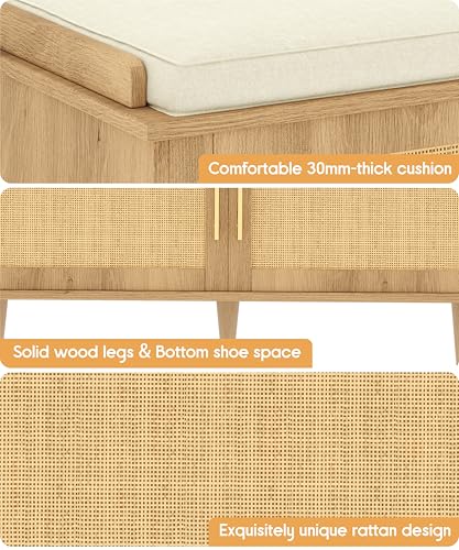 Akxomel Rattan Shoe Storage Bench with Cushion, 2-Tier Entryway Bench with Adjustable Shelves and 2 Doors, 15" D x 31.5" W x 20" H, Solid Wood Legs, for Hallway, Living Room, Bedroom, Natural Oak - size: 15"D x 31.5"W x 20"H