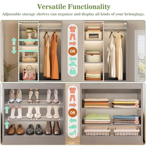 Besiost Closet System, 4.2–8.8 FT Closet Organizer with 2 Wooden Drawers and Shelves, Walk-in Closet System with 5 Hang Rods, Built-in Reach in Closet Tower, Can Fit 60 to 96 inch, Morandi Grey - color: Morandi Grey
