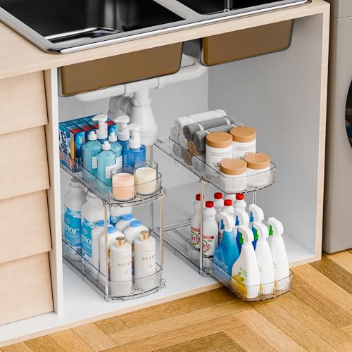 Yieach 3 Pack 13.8″ Deep 2 Tier Under Sink Storage Organizer,Large Pull Out Bathroom Organizers and Storage,Slide Out Acrylic Undersink Storage Shelf,Kitchen Under Sink Organizer for Cleaning Products - style: 3 Pack-2 Tier