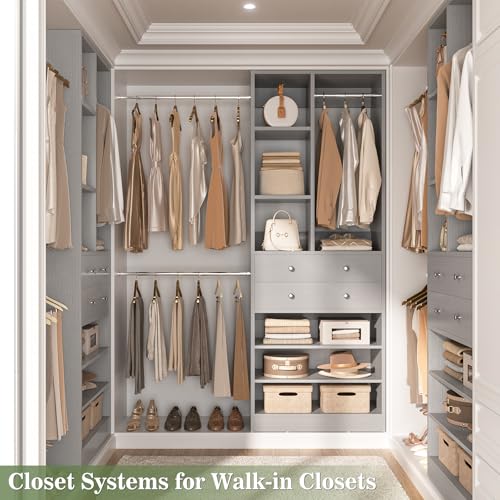 Besiost Closet System, 4.2–8.8 FT Closet Organizer with 2 Wooden Drawers and Shelves, Walk-in Closet System with 5 Hang Rods, Built-in Reach in Closet Tower, Can Fit 60 to 96 inch, Morandi Grey - color: Morandi Grey