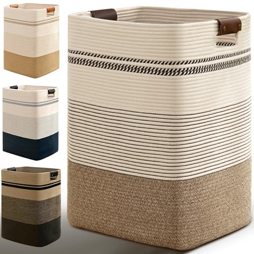 Laundry Hamper, 95L Tall Laundry Basket with Leather Handles, Rectangle Large Clothes Hamper for Organizing, Cotton Woven Laundry Baskets Storage Hampers for Bedroom, Nursery, Living Room - color: Rice Brown & White, size: 95L