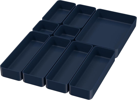 9 Pcs Stackable Drawer Organizer Trays Set, Multifunctional Stackable Storage Trays for Vanity, Bathroom, Kitchen, Desk Drawer Organizer Office. Plastic Drawer Organizers Available In 5 Colours, Blue