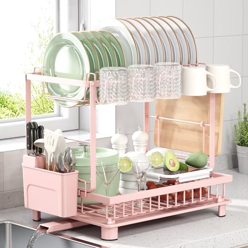 Multifunctional Dish Drying Rack - Rustproof, 2-Tier Dish Racks with Drainboard, Space-Saving Design, Utensil & Cup Holder for Kitchen Counter, Pink - color: Pink