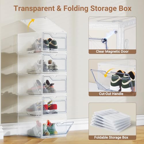 XX-Large Shoe Sneaker Storage Boxes for Size 14, Stackable & Thicken Clear Plastic Shoe Organizers 8 Packs for Entryway Closet Under Bed, Shoe Storage Cabinets Container Display Case w/ Magnetic Door - size: 8 packs
