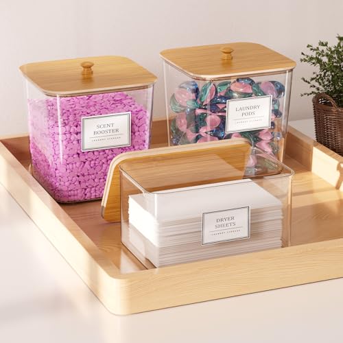 2+1 Pack Laundry Pods Container,Clear Laundry Detergent Powder Storage Containers,Laundry Room Organization Containers with Wooden Lids & Labels,Laundry Pods Holder for Scent Booster,Dryer Ball - style: 2+1 Pack