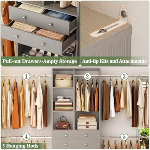 Besiost Closet System, 4.2–8.8 FT Closet Organizer with 2 Wooden Drawers and Shelves, Walk-in Closet System with 5 Hang Rods, Built-in Reach in Closet Tower, Can Fit 60 to 96 inch, Morandi Grey - color: Morandi Grey