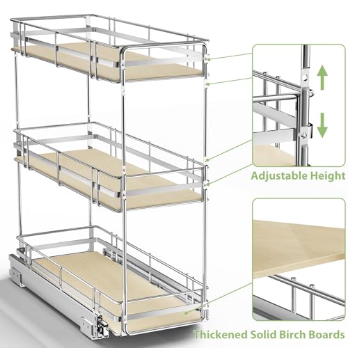 ROOMTEC 3-Tier Pull Out Cabinet Organizer Spice Rack for Narrow Cabinet 8" W x 20½" D, Slide Out Wood Shelves Storage for Kitchen - size: 8" W x 20½" D, 3 Tier, Wood Shelves