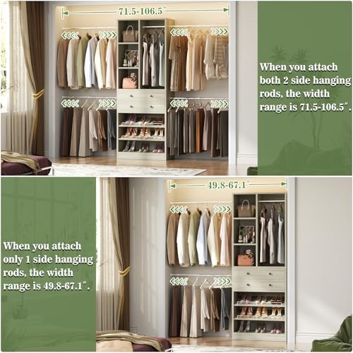 Besiost Closet System, 4.2–8.8 FT Closet Organizer with 2 Wooden Drawers and Shelves, Walk-in Closet System with 5 Hang Rods, Built-in Reach in Closet Tower, Can Fit 60 to 96 inch, Greige Oak - color: Greige Oak