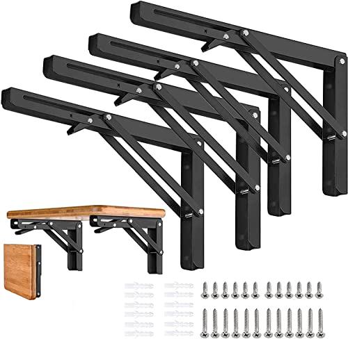 Folding Shelf Brackets 24 inch 4 Pcs - DIY Wall Mounted Shelf Bracket for Garage Workstation, Stuff Supports, Plant Stand - Heavy Duty Metal Collapsible Floating Shelf Bracket Black - size: 24 Inch- 4 Packs