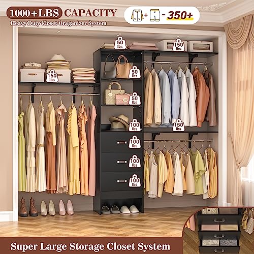 Armocity 96 Inches Closet System, 8FT Walk In Closet Organizer with 3 Shelving Towers, Heavy Duty Clothes Rack with 3 Drawers, Built-In Garment Rack, 96" L x 16" W x 75" H, Max Load 1000 LBS, Black - color: Black