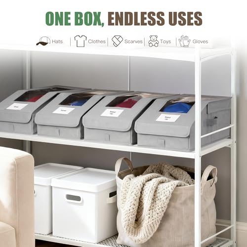 Hat Organizer for Baseball Caps, 4 Pack Stackable Hat Storage Boxes with Clear Window, Holds up to 56 Caps, Foldable Hat Organizer for Closet & Shelf, Grey