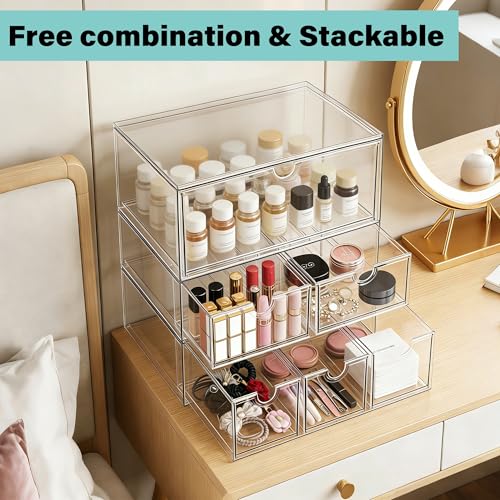 Prsildan Acrylic Makeup Organizer, 2 Pack Stackable Clear Storage Drawers for Baby Bottles Desk Organizers with 2 Drawers for Countertop Vanity Nursery Modular System for Cosmetics Jewelry - style: Style1-2 Drawers