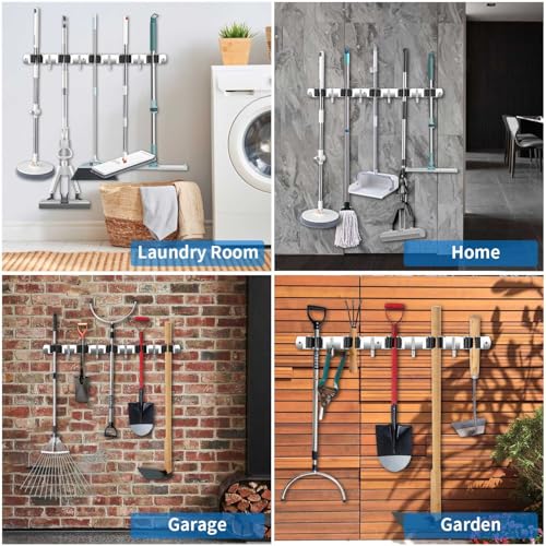 Broom Holder Wall Mount, Stainless Steel Broom Hanger Wall Mount, Heavy Duty Mop and Broom Holder Tool Racks Utility Hooks for Laundry Room Garden Garage, Black (5 Racks and 4 Hooks) - color: Black, size: 1Pack 5R4H