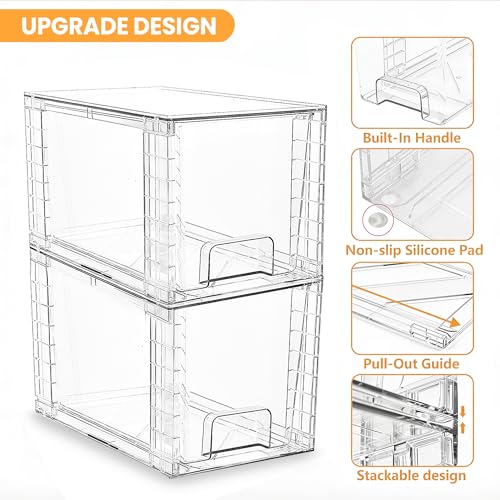 4 Pack Stackable Acrylic Storage Drawers – Clear Plastic Organizer Bins, Easy to Assemble, Suitable for Bathroom, Undersink, Kitchen, Pantry, Makeup, Medicine Organization - size: 4Pack 7"H