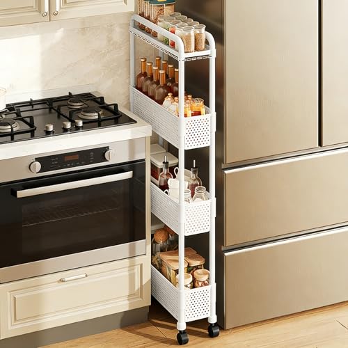 Slim Storage Cart, Kitchen Gap Storage, Multi-Layer Organizer with 360° Swivel Wheels for Kitchen Bathroom (White,4 Tier) - color: White, size: 4 Tier
